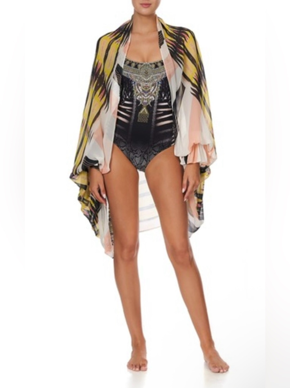 New! Camilla Vortex Draped Cape Abstract Yellow & Black Cover-Up Kimono🌻OS RARE!